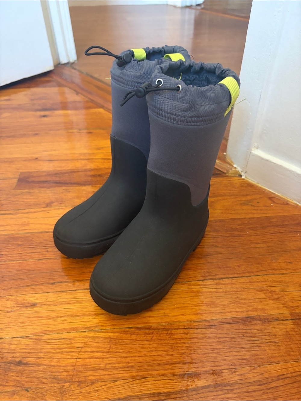 Target Kids Gray and Black Rain Boots with Yellow Pull Tabs
